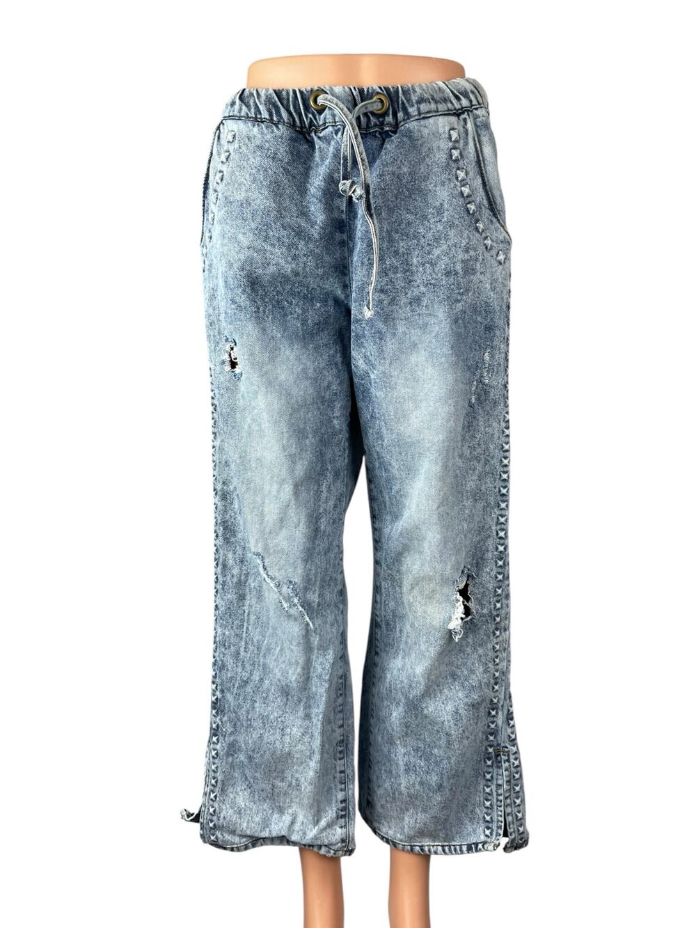 One Teaspoon Women's Studded Distressed High Rise Wide Leg Denim Jeans Pants XS